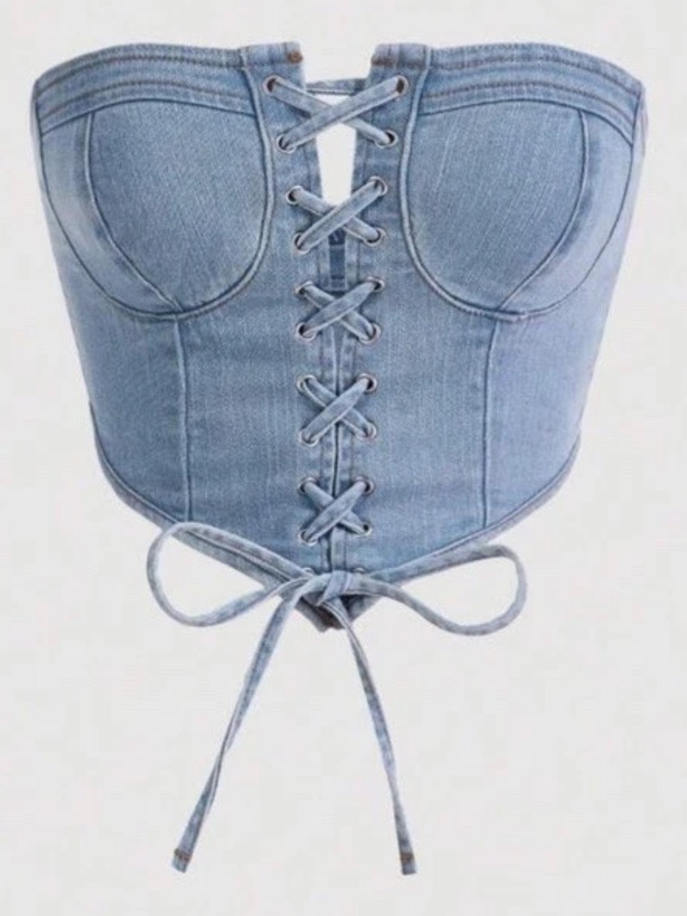 Shein Blue Denim Front Center Lace Up Corset Strapless Bustier Crop Top M - L